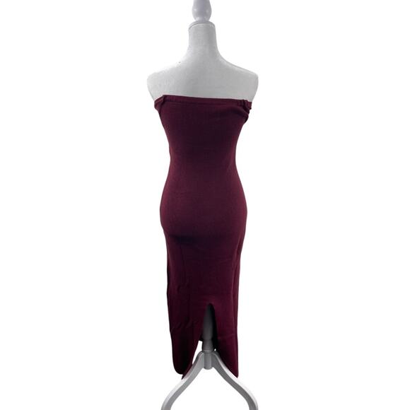 Burgundy Knit Strapless Bodycon Twist Front Tube Maxi Dress L Holiday Babydoll - Picture 4 of 5